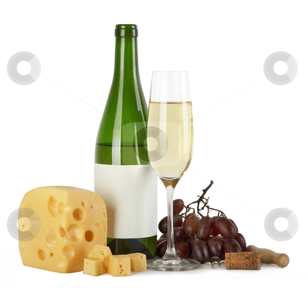 Bottle and glass of white wine with cheese, grapes, a cork and a corkscrew on a white background